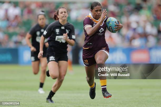 Tanika Marshall of the Broncos runs with the ball during Day 2 of the 2020 NRL Nines at HBF Stadium on February 15, 2020 in Perth, Australia.