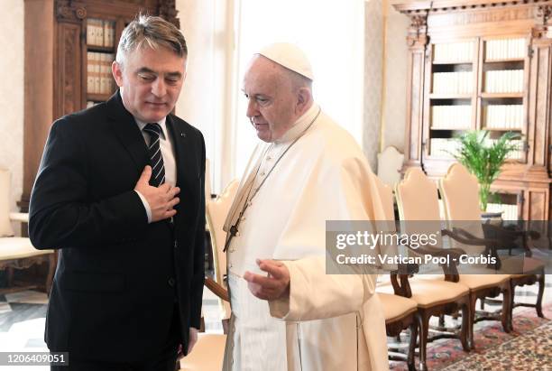 Pope Francis meets Zeljko Komsic, croat member of the presidency of Bosnia and Herzegovina, during a private audience on February 15, 2020 in Vatican...