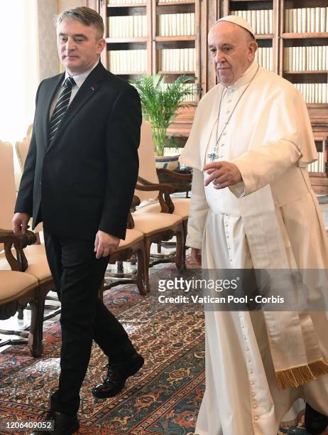 Pope Francis meets Zeljko Komsic, croat member of the presidency of Bosnia and Herzegovina, during a private audience on February 15, 2020 in Vatican...