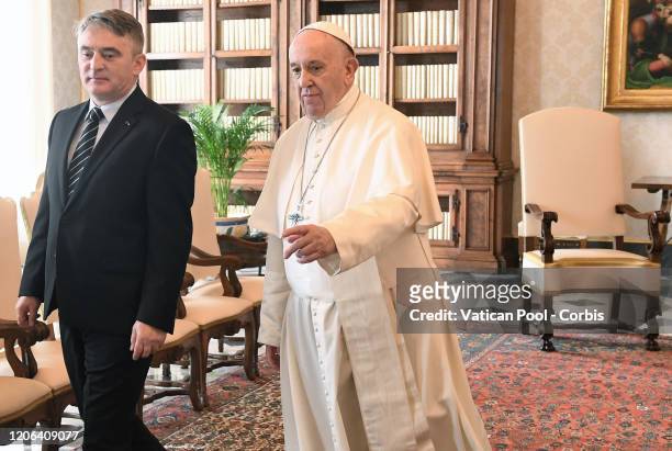 Pope Francis meets Zeljko Komsic, croat member of the presidency of Bosnia and Herzegovina, during a private audience on February 15, 2020 in Vatican...