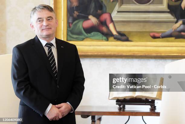 Pope Francis meets Zeljko Komsic, croat member of the presidency of Bosnia and Herzegovina, during a private audience on February 15, 2020 in Vatican...