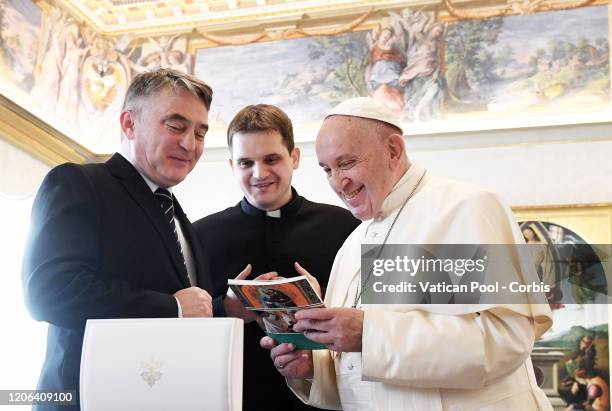 Pope Francis meets Zeljko Komsic, croat member of the presidency of Bosnia and Herzegovina, during a private audience on February 15, 2020 in Vatican...