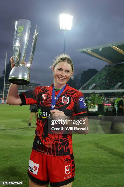 Maddison Studdon of the Dragons holds the trophy aloft after winning the final against the Broncos during Day 2 of the 2020 NRL Nines at HBF Stadium...