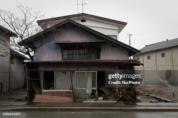 An abandoned house along the main street in Futaba, Fukushima prefecture at 10 March 2020.
