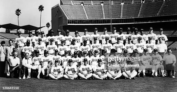 The 1988 Los Angeles Dodgers pose for a team portrait circa 1988 at Dodger Stadium in Los Angeles, California. Top Row: Tim Crews, Mario Soto, Mike...