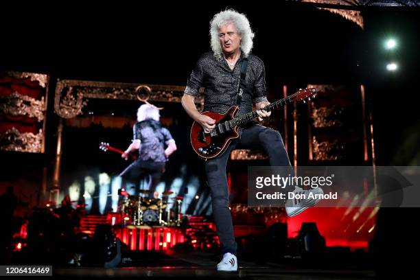 Brian May of Queen performs at ANZ Stadium on February 15, 2020 in Sydney, Australia.
