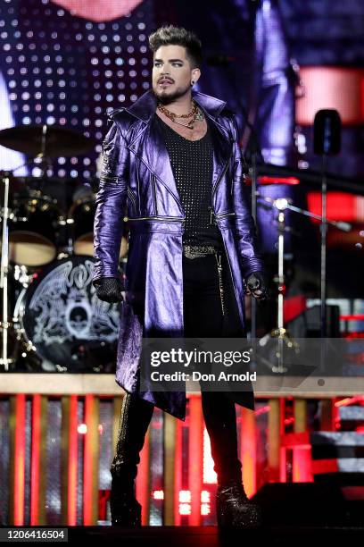 Adam Lambert performs with Queen at ANZ Stadium on February 15, 2020 in Sydney, Australia.