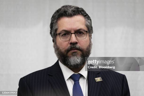 Ernesto Araujo, Brazil's foreign affairs minister, attends an event with Jair Bolsonaro, Brazil's president, and supporters at the Miami Dade College...