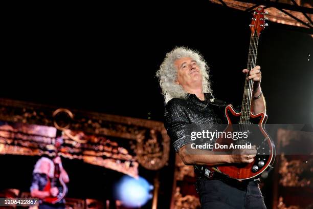 Brian May of Queen performs at ANZ Stadium on February 15, 2020 in Sydney, Australia.