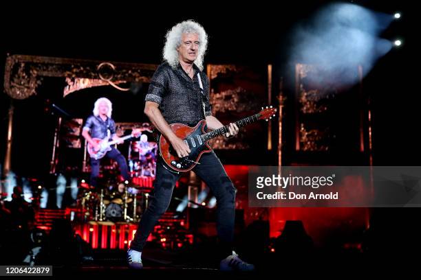 Brian May of Queen performs at ANZ Stadium on February 15, 2020 in Sydney, Australia.