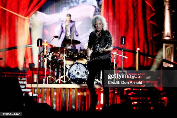 Brian May of Queen performs at ANZ Stadium on February 15, 2020 in Sydney, Australia.