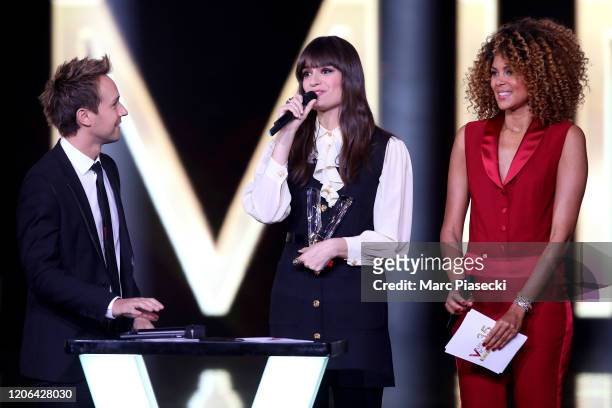 Cyril Feraud, Clara Luciani and Sophie Ducasse attend the 35th 'Les Victoires De La Musique' Show At La Seine Musicale on February 14, 2020 in...