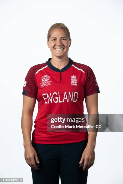 Katherine Brunt poses during the England 2020 ICC Women's T20 World Cup headshots session at Adelaide Oval on February 15, 2020 in Adelaide,...