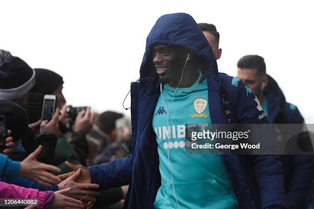 Jean-Kevin Augustin of Leeds United arrives at the stadium prior to the Sky Bet Championship match between Leeds United and Bristol City at Elland...