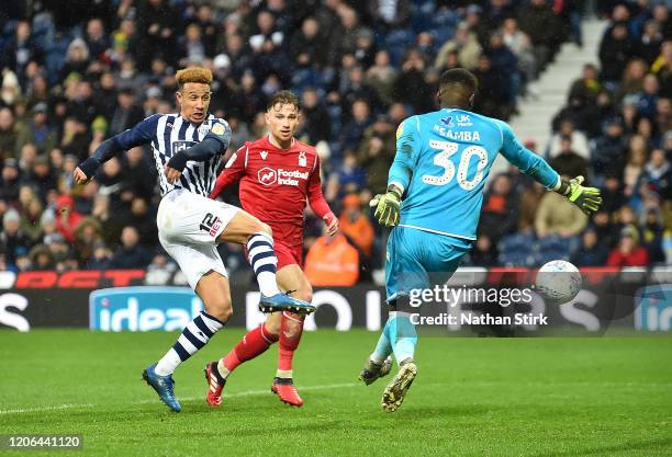 Callum Robinson of West Bromwich Albion scores a goal which is then disallowed during the Sky Bet Championship match between West Bromwich Albion and...