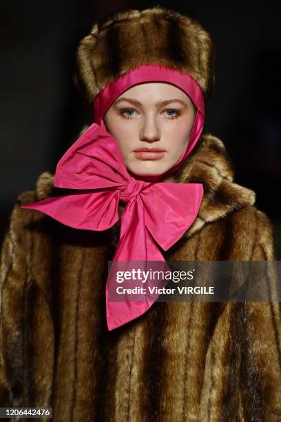Model walks the runway at the Shrimps Ready to Wear Fall/Winter 2020-2021 fashion show during London Fashion Week on February 14, 2020 in London,...