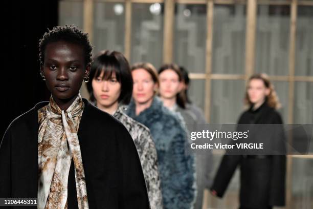 Model walks the runway at the Petar Petrov Ready to Wear Fall/Winter 2020-2021 fashion show during London Fashion Week on February 15, 2020 in...