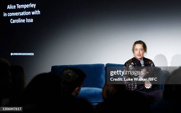 Alice Temperley In Conversation With Caroline Issa during London Fashion Week February 2020 at the BFC Show Space on February 15, 2020 in London,...