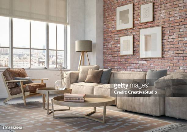bohemien woonkamer interieur - 3d render - sofa modern stockfoto's en -beelden