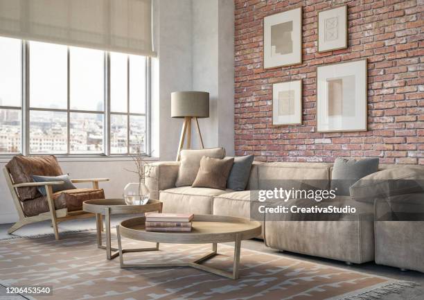 bohemian living room interior - 3d render - beige house stock pictures, royalty-free photos & images