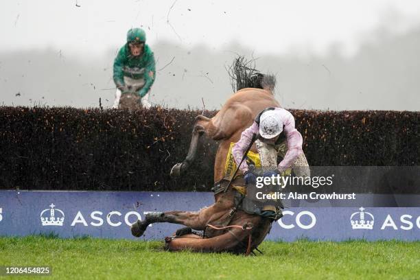 Joshua Moore riding Traffic Fluide fall at the last when challenging Riders On The Storm at the last fence at Ascot Racecourse on February 15, 2020...