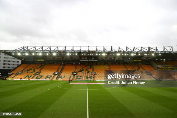 General view inside the stadium prior to the Premier League match between Norwich City and Liverpool FC at Carrow Road on February 15, 2020 in...