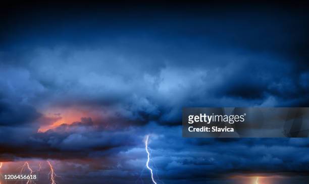 lightning during summer storm - torrential rain stock pictures, royalty-free photos & images