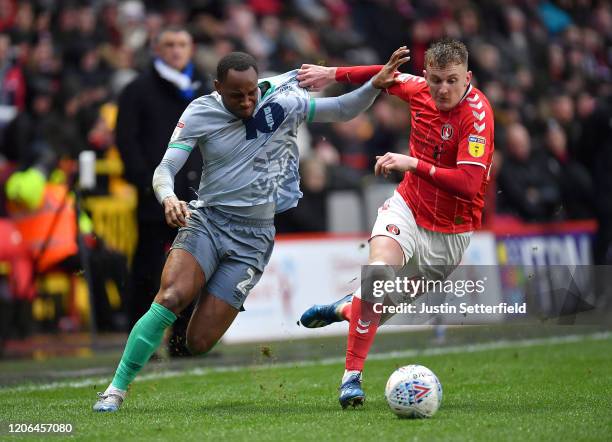 Ryan Nyambe of Blackburn Rovers battles for possession with Alfie Doughty of Charlton Athletic during the Sky Bet Championship match between Charlton...