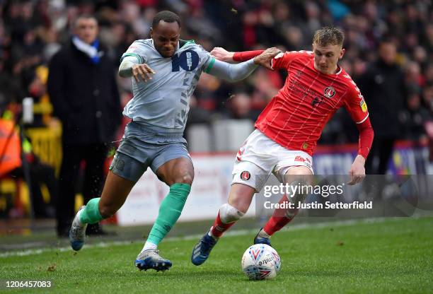 Ryan Nyambe of Blackburn Rovers battles for possession with Alfie Doughty of Charlton Athletic during the Sky Bet Championship match between Charlton...