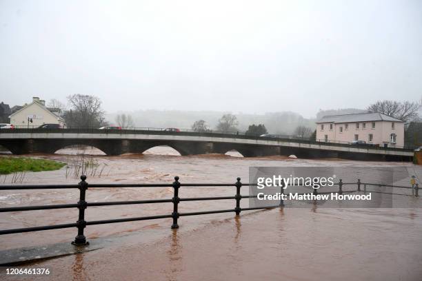 High water levels in the River Usk on February 15, 2020 in Brecon, United Kingdom. The Met Office have issued an amber weather warning for rain in...