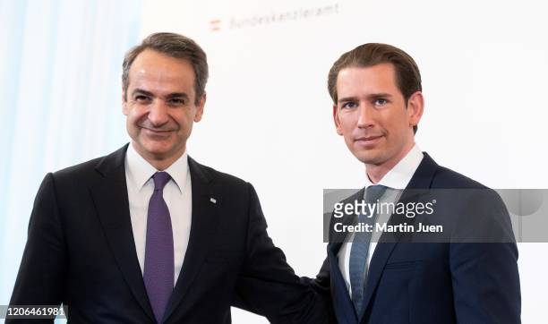 Prime Minister of Greece Kyriakos Mitsotakis with Federal Chancellor Sebastian Kurz at a press conference after a work meeting at Federal Chancellery...