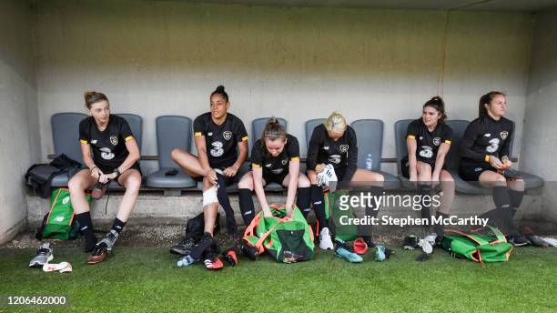 Petrovac , Montenegro - 10 March 2020; Players, from left, Hayley Nolan, Rianna Jarrett, Claire Walsh, Stephanie Roche, Jamie Finn and Kyra Carusa...