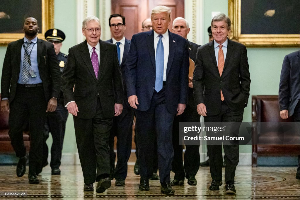 President Trump Meets With GOP Lawmakers On Capitol Hill On Coronavirus Plan
