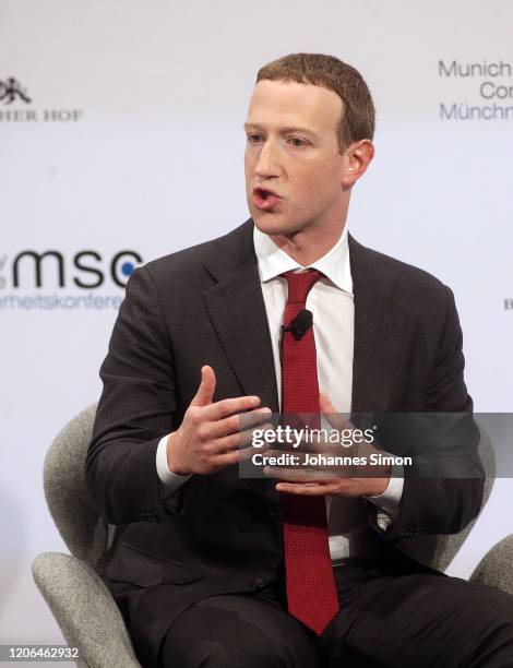 Facebook founder and CEO Mark Zuckerberg speaks during a panel talk at the 2020 Munich Security Conference on February 15, 2020 in Munich, Germany....