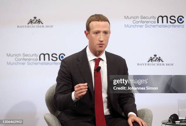 Facebook founder and CEO Mark Zuckerberg speaks during a panel talk at the 2020 Munich Security Conference on February 15, 2020 in Munich, Germany....