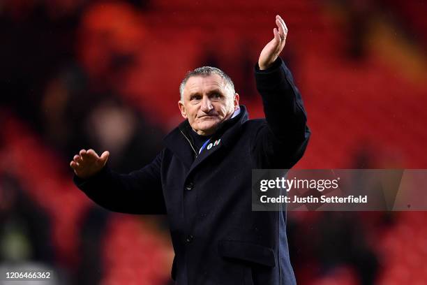 Tony Mowbray, Manager of Blackburn Rovers shows appreciation to the fans following the Sky Bet Championship match between Charlton Athletic and...