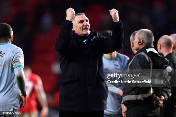 Tony Mowbray, Manager of Blackburn Rovers celebrates after the Sky Bet Championship match between Charlton Athletic and Blackburn Rovers at The...