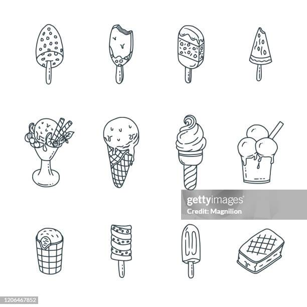 ice cream doodles set - waffle stock illustrations