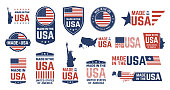Made in USA badges. Patriot proud label stamp, American flag and national symbols, united states of America patriotic emblems vector icon set