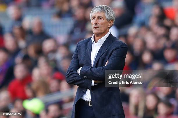 Quique Setien of FC Barcelona follows the action during the Liga match between FC Barcelona and Getafe CF at Camp Nou on February 15, 2020 in...