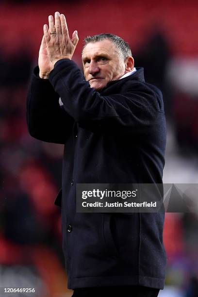 Tony Mowbray, Manager of Blackburn Rovers claps the fans after the Sky Bet Championship match between Charlton Athletic and Blackburn Rovers at The...