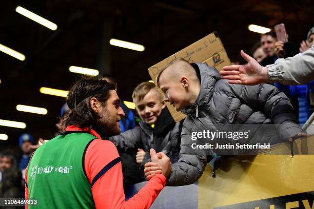 Danny Graham of Blackburn Rovers gives his shirt to a young fan after the Sky Bet Championship match between Charlton Athletic and Blackburn Rovers...