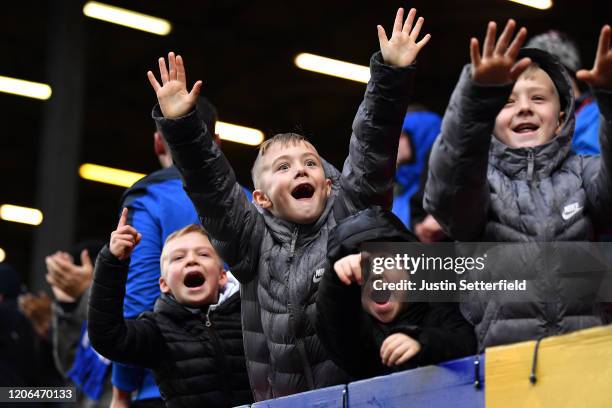 Young Blackburn fans react during the Sky Bet Championship match between Charlton Athletic and Blackburn Rovers at The Valley on February 15, 2020 in...