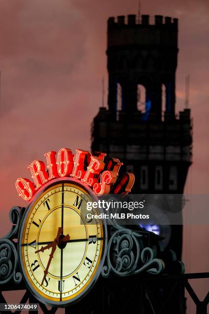 General view of the tower clock during the game between the Cleveland Indians and the Baltimore Orioles at Oriole Park at Camden Yards on June 20,...