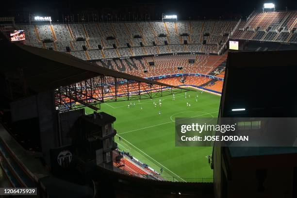 Aerial view taken of the Mestalla stadium in Valencia during the UEFA Champions League Group H football match between Valencia and Atalanta played...
