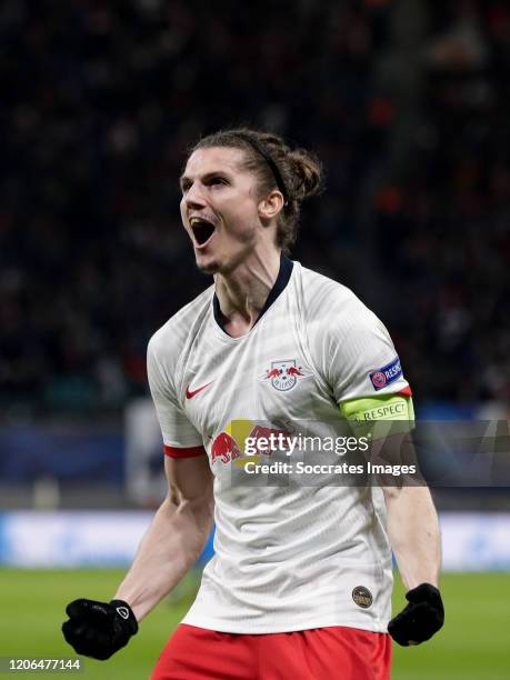 Marcel Sabitzer of RB Leipzig, celebrates his goal during the UEFA Champions League match between RB Leipzig v Tottenham Hotspur at the Red Bull...