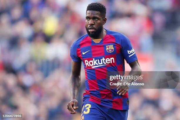 Samuel Umtiti of FC Barcelona looks on during the Liga match between FC Barcelona and Getafe CF at Camp Nou on February 15, 2020 in Barcelona, Spain.