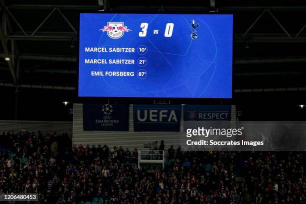 Scorebrod with final score 3-0 during the UEFA Champions League match between RB Leipzig v Tottenham Hotspur at the Red Bull Arena on March 10, 2020...