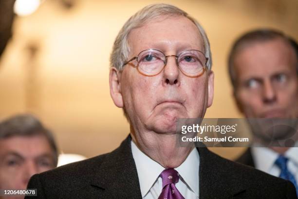 Senate Majority Leader Mitch McConnell speaks to reporters following the Senate Republican policy luncheon which both President Donald Trump and Vice...