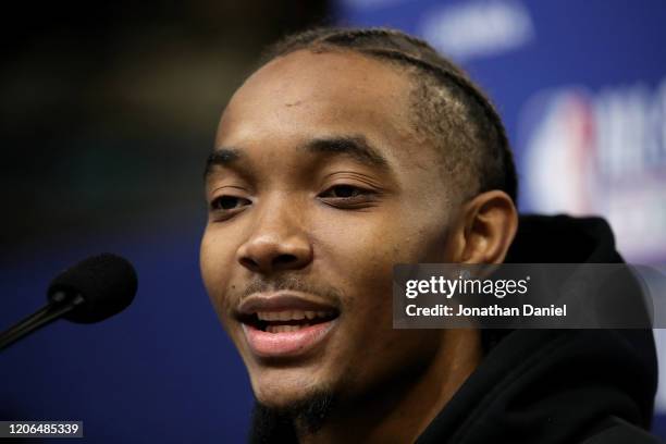 Devonte' Graham of the Charlotte Hornets speaks to the media during 2020 NBA All-Star - Practice & Media Day at Wintrust Arena on February 15, 2020...